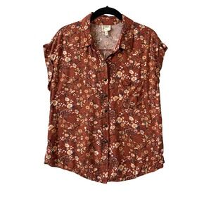 Neon Soul Floral Short Sleeve Button Up Blouse Shirt L Rust Boho Cottagecore